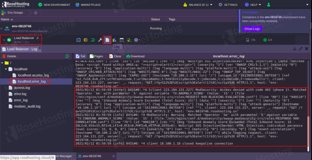 enabling modsecurity web application firewall inside nginx server on the rosehosting cloud platform