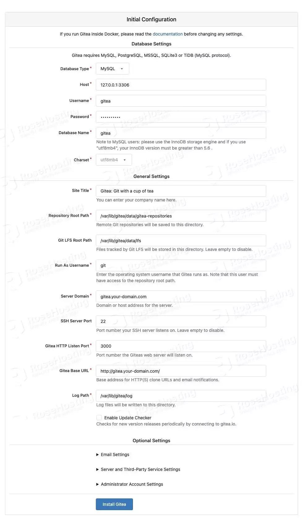 gitea initial configuration