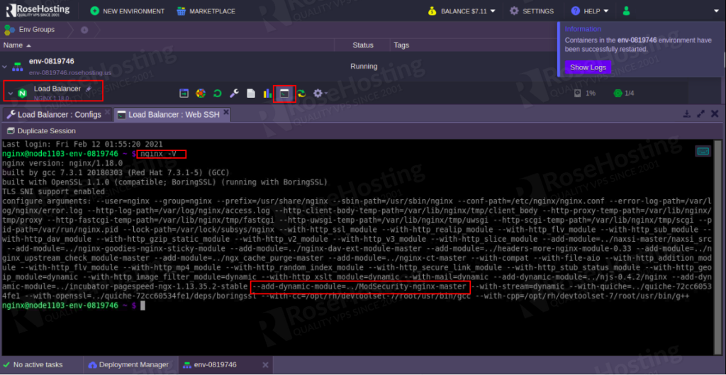 how do you enable modsecurity web application firewall inside nginx server on the rosehosting cloud platform