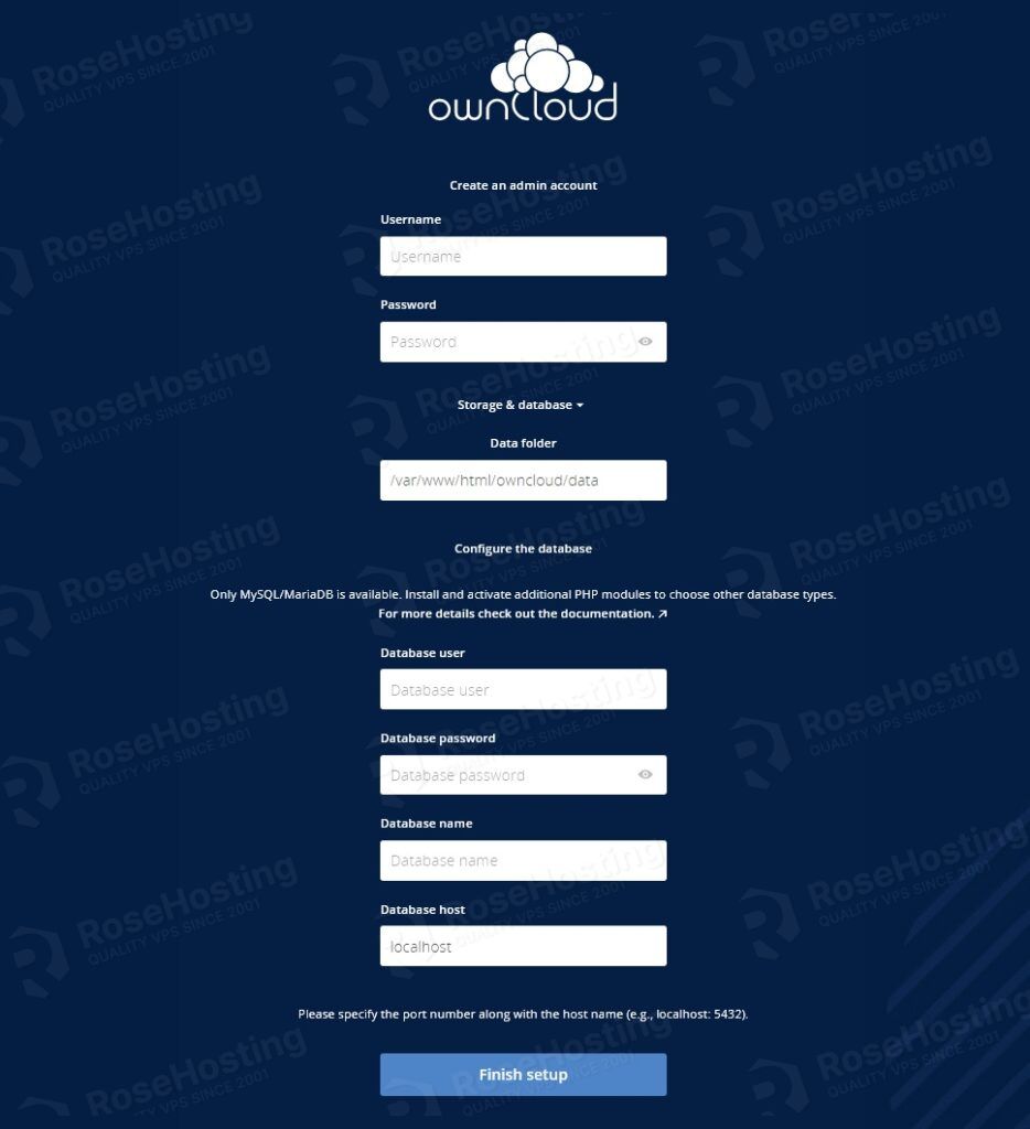 ownCloud Setup Page