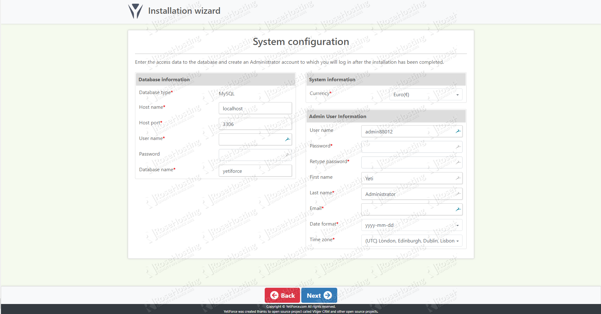 YetiForce System Configuration Setup Screen